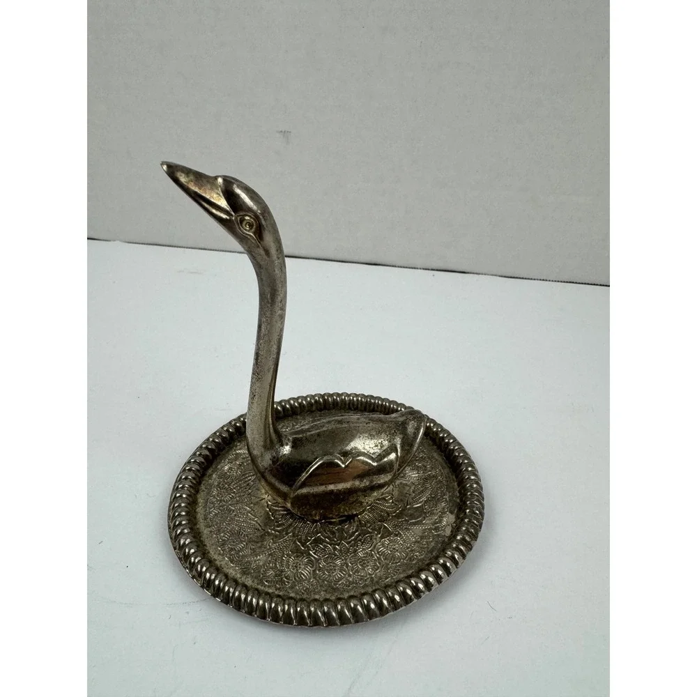 Vintage Silver Tone Swan Ring Holder Engraved Floral Base Jewelry Dish 4 Inch